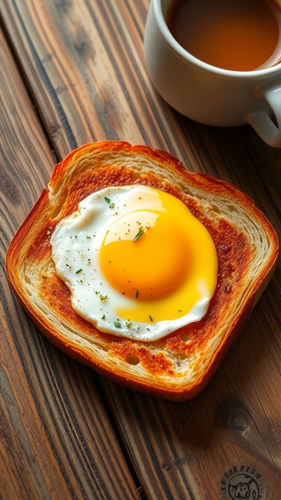 A slice of toast with an egg in the middle, garnished with herbs, on a rustic table with coffee.
